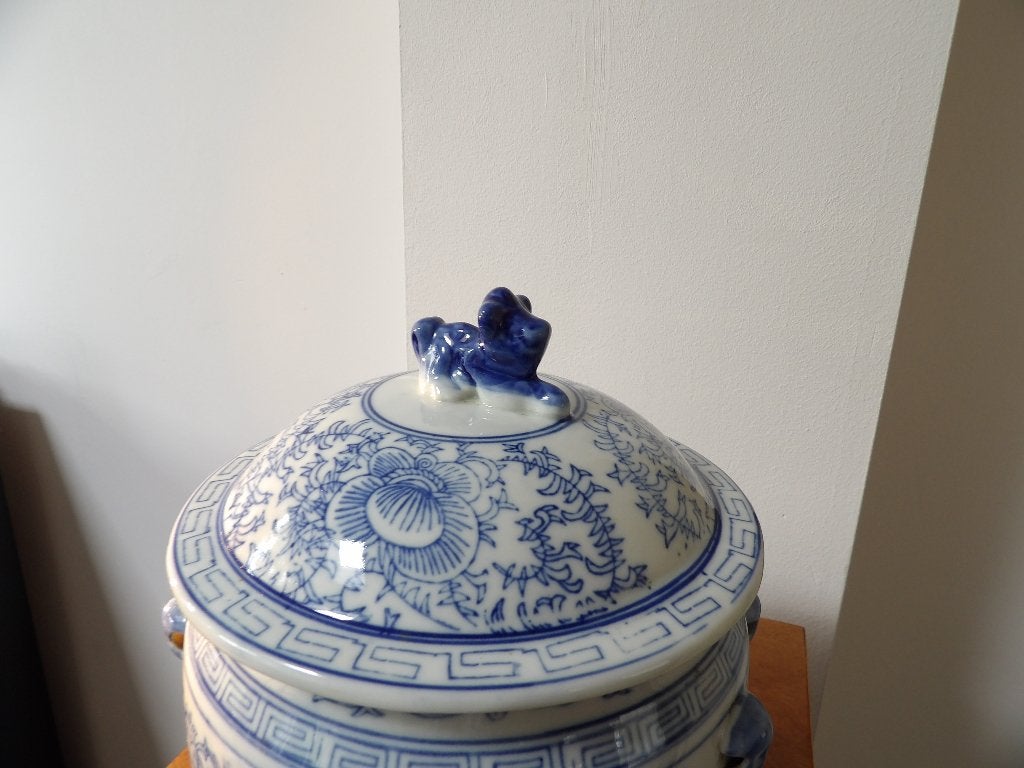 Chinese Deksel Pot Leeuwhond, blauw/wit, Ophalen of Verzenden