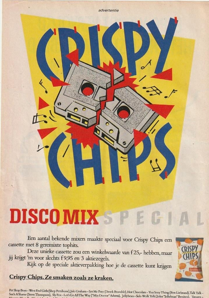 Retro reclame 1987 Crispy Chips cassettebandje met mix, Verzamelen, Verzenden, Overige typen