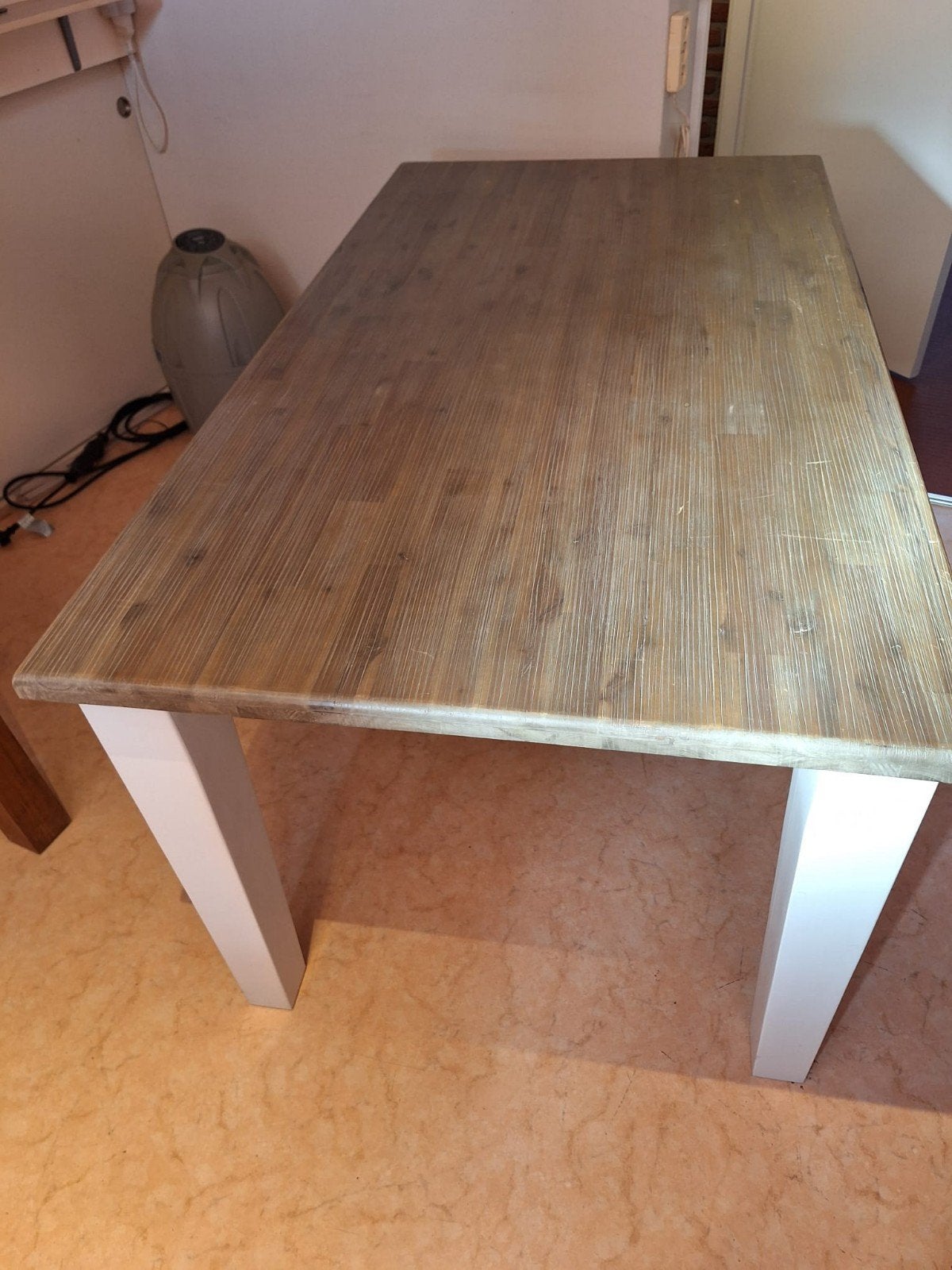 Eettafel met houten blad en witte poten (160x90x77 cm), Ophalen, Gebruikt, Overige materialen, 50 tot 100 cm