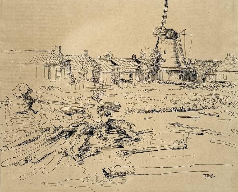 1380. Tekening, Riekle Prins – Landschap met molen, ca. 1940, Ophalen of Verzenden