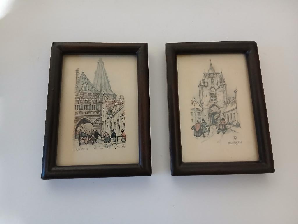 2 Kleine Vintage Anton Pieck Etsen. Kampen en Haarlem, Antiek en Kunst, Ophalen of Verzenden