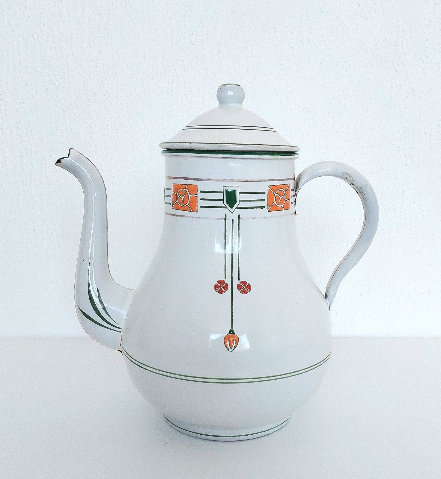 Fraaie Art Deco Jugendstil Emaille Koffiekan Keukenemaille, Antiek en Kunst, Verzenden