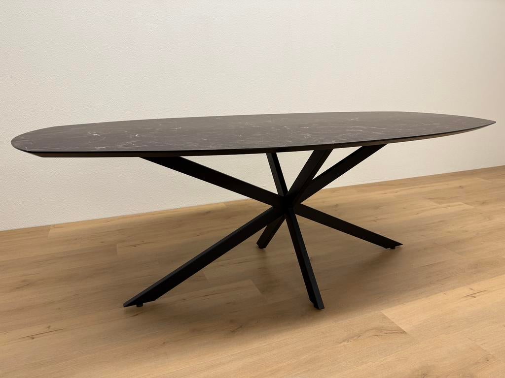 Deens ovale eettafel HPL Marmer 220x110 - Direct Leverbaar, 100 tot 150 cm, 200 cm of meer, Ophalen of Verzenden, Zo goed als nieuw