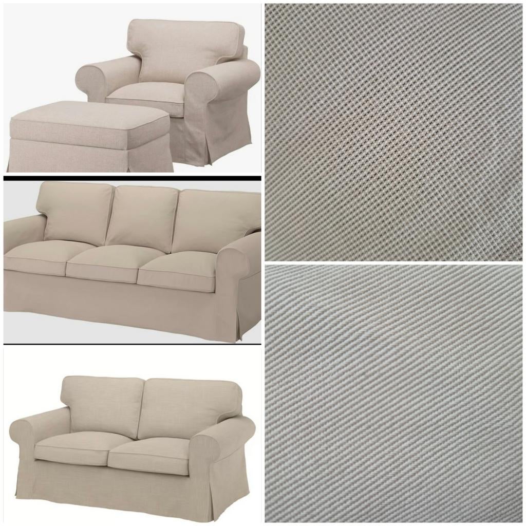 IKEA Ektorp 3-zitsbank, 2- zitsbank,fauteuil en poef - beige, Gebruikt, Klassiek, Comfortabel, Driepersoons, 75 tot 100 cm