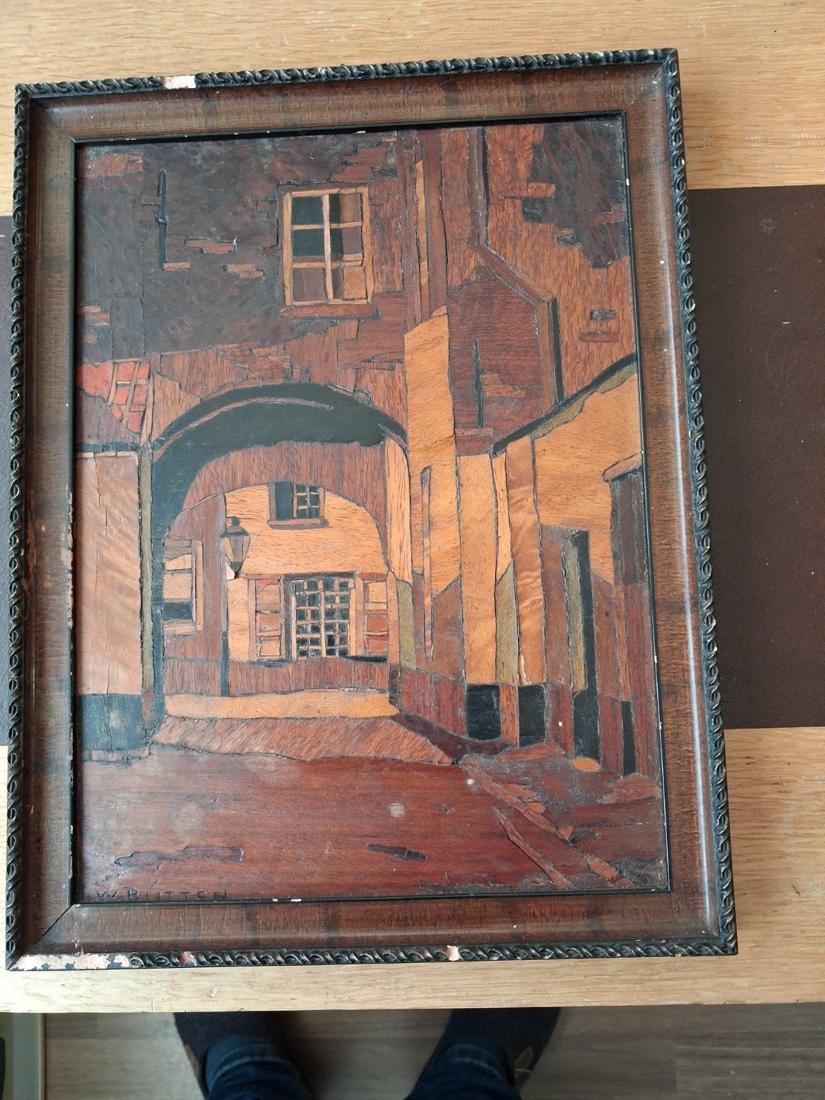 Houtfineer schilderij 1940.breed23cm.hoog30cm, Nederlandse school, Ophalen of Verzenden, Origineel werk, Stads- / dorpsgezicht