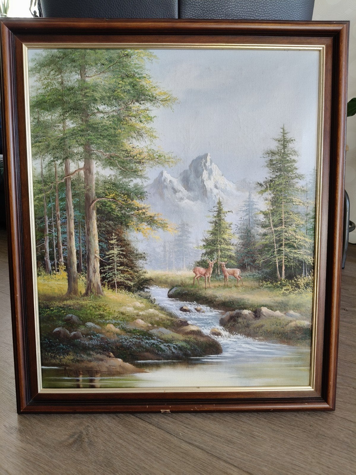 Schilderij acheff: Berglandschap met herten en rivier, Ophalen, Handgeschilderd, Doek, Realistisch