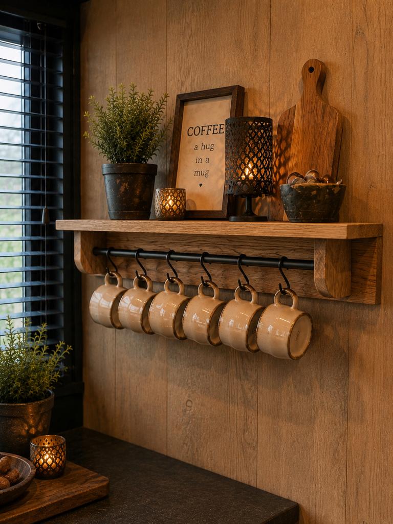 Eikenhouten Consoleplank met Haken - Walnootkleur, Huis en Inrichting, Woonaccessoires | Wandplanken en Boekenplanken, Ophalen of Verzenden
