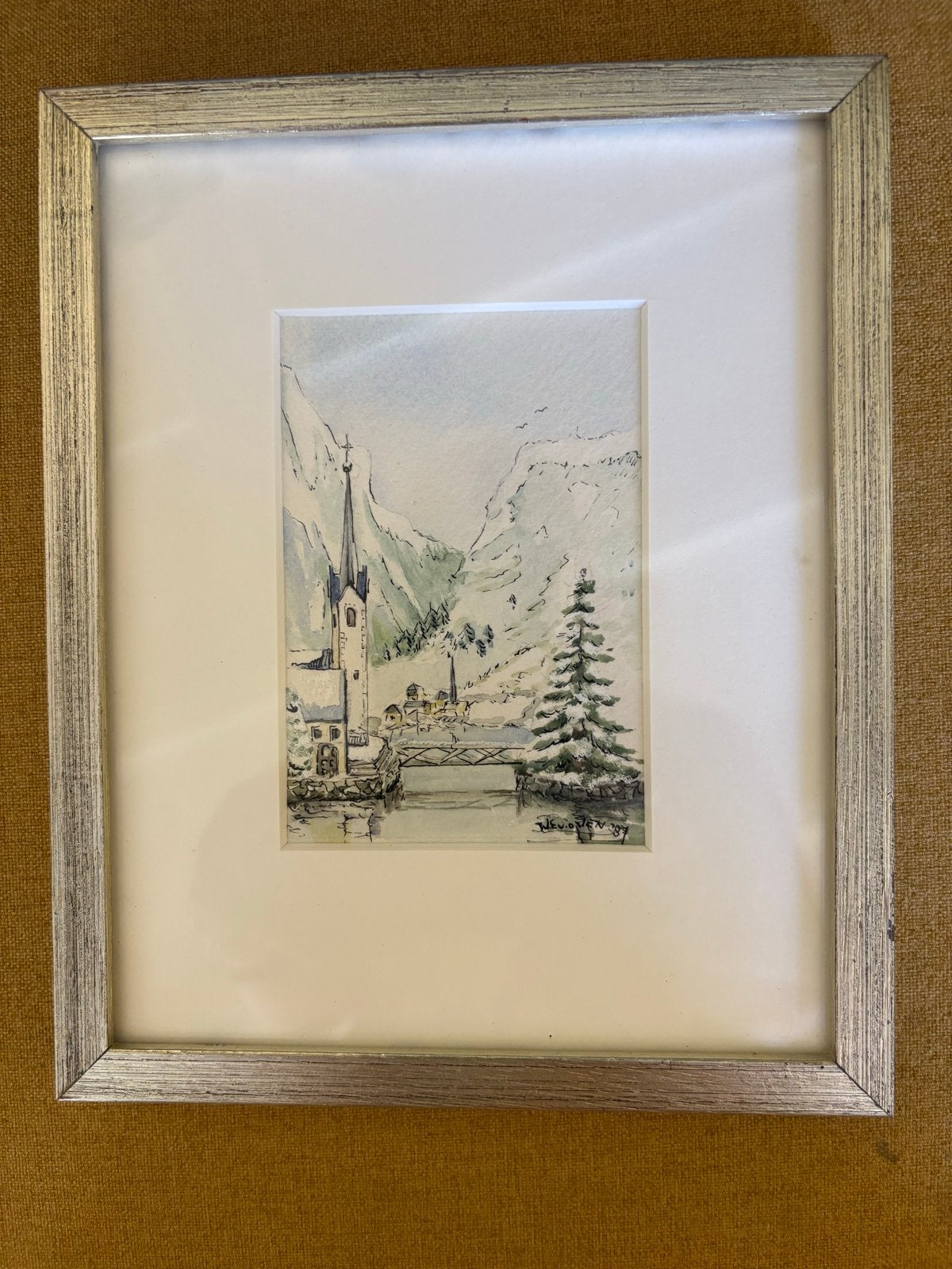 Schilderij van een besneeuwd berglandschap, Minder dan 50 cm, Ophalen of Verzenden, Zo goed als nieuw, Schilderij