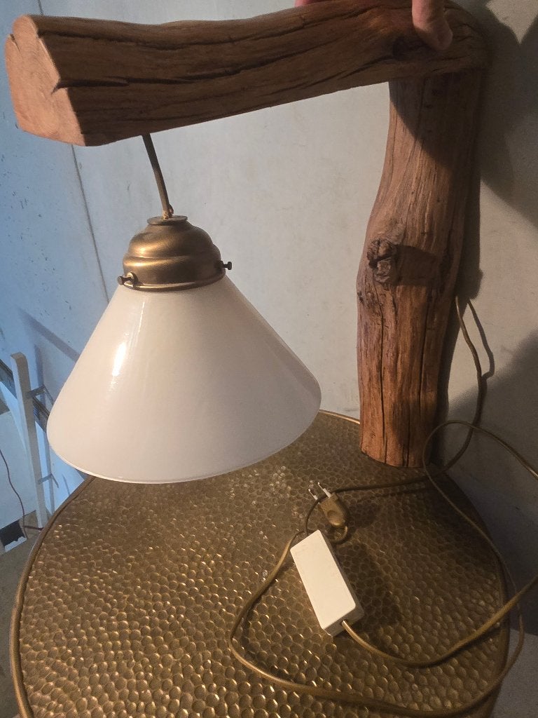 Rustieke handgemaakte houten wandlamp, Ophalen of Verzenden, Zo goed als nieuw, Glas, Met schakelaar