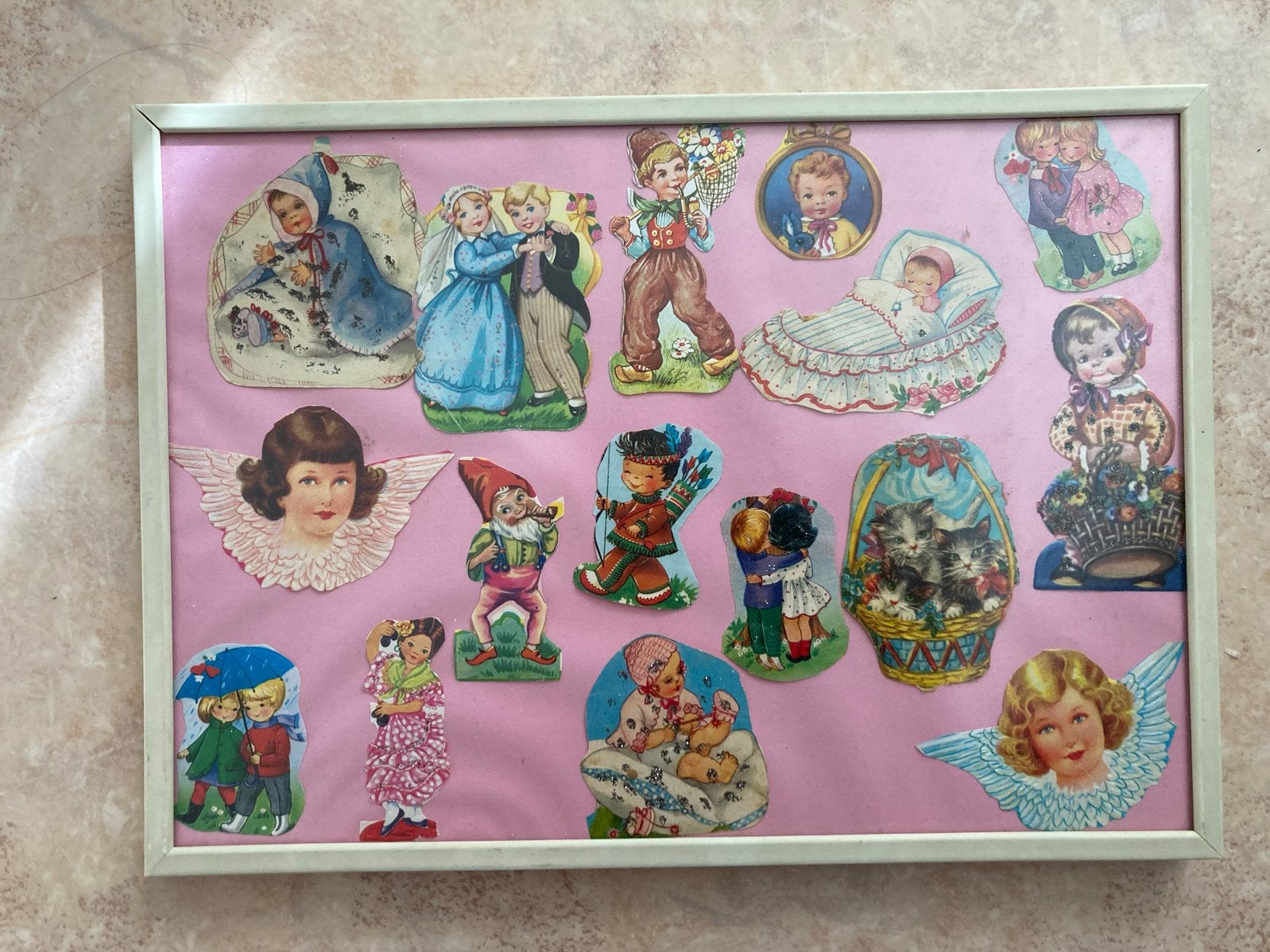 Vintage ingelijste plaat met poezie-plaatjes, Verzenden