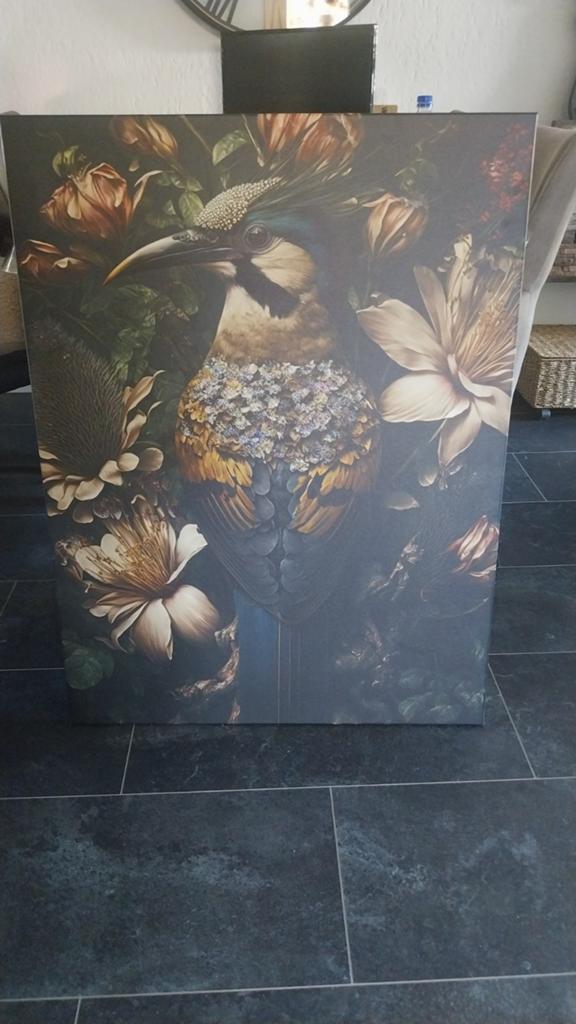 Prachtig Schilderij met Vogel en Bloemen, Ophalen of Verzenden, Zo goed als nieuw, Schilderij, 75 cm of meer