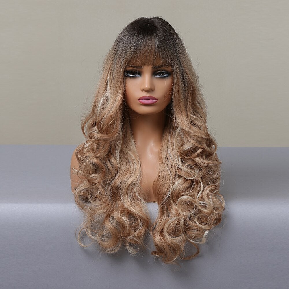Lange Bruine Blonde Pruik Met Pony En Krullen Haar Dames, Verzenden, Nieuw, Pruik of Haarverlenging