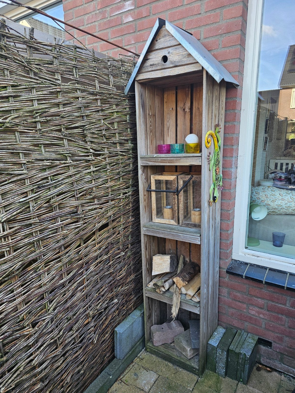 Houten buitenkast met zinken dakje - Houtopslag/Decoratie, Tuin en Terras, Ophalen, Gebruikt, Hout, Overige typen