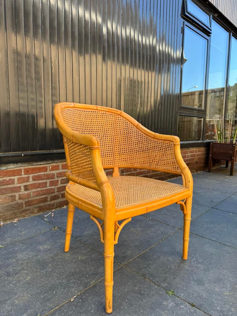 Vintage rotan armstoel - Faux bamboo & Webbing, Huis en Inrichting, Ophalen, Gebruikt, Bruin, Riet of Rotan
