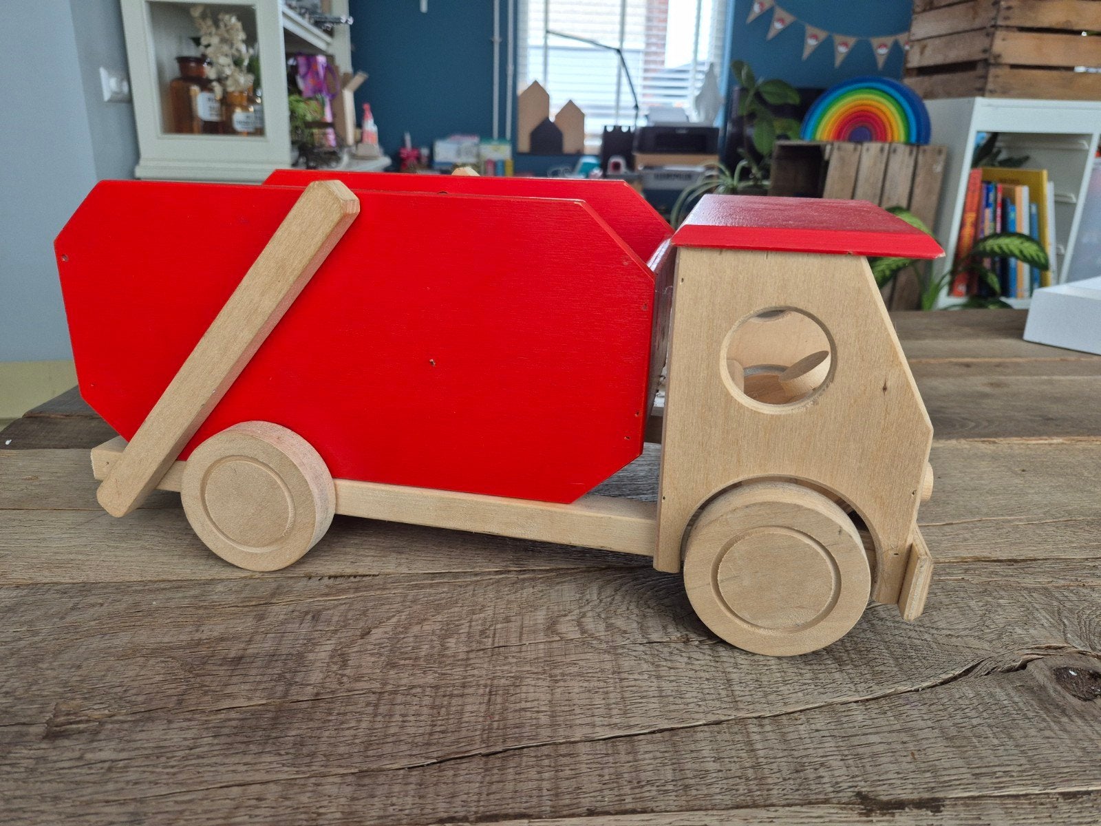 playwood Houten vuilniswagen met kiepbak - Speelgoed, Ophalen, Gebruikt, Overige typen