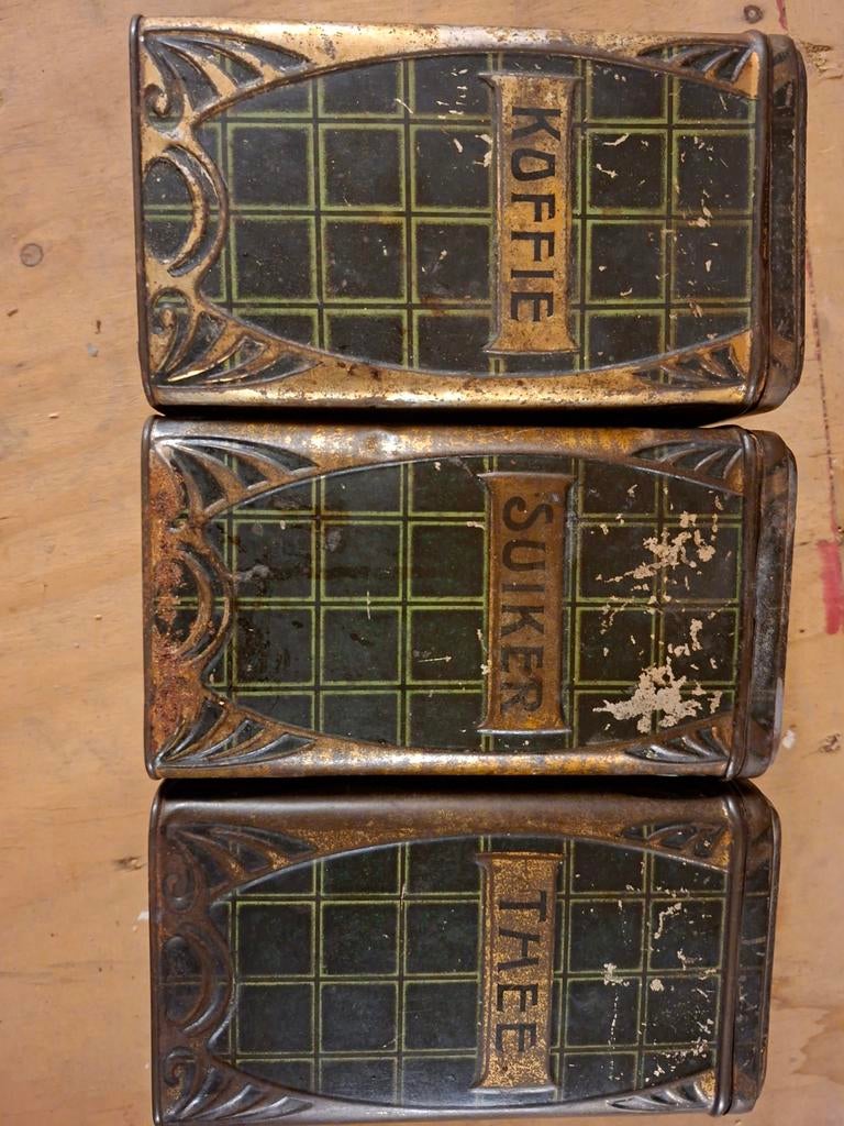 Oude koffie, thee en suiker bussen - Vintage blikken, Verzamelen, Blikken, Gebruikt, Koffie, Overige merken, Ophalen of Verzenden