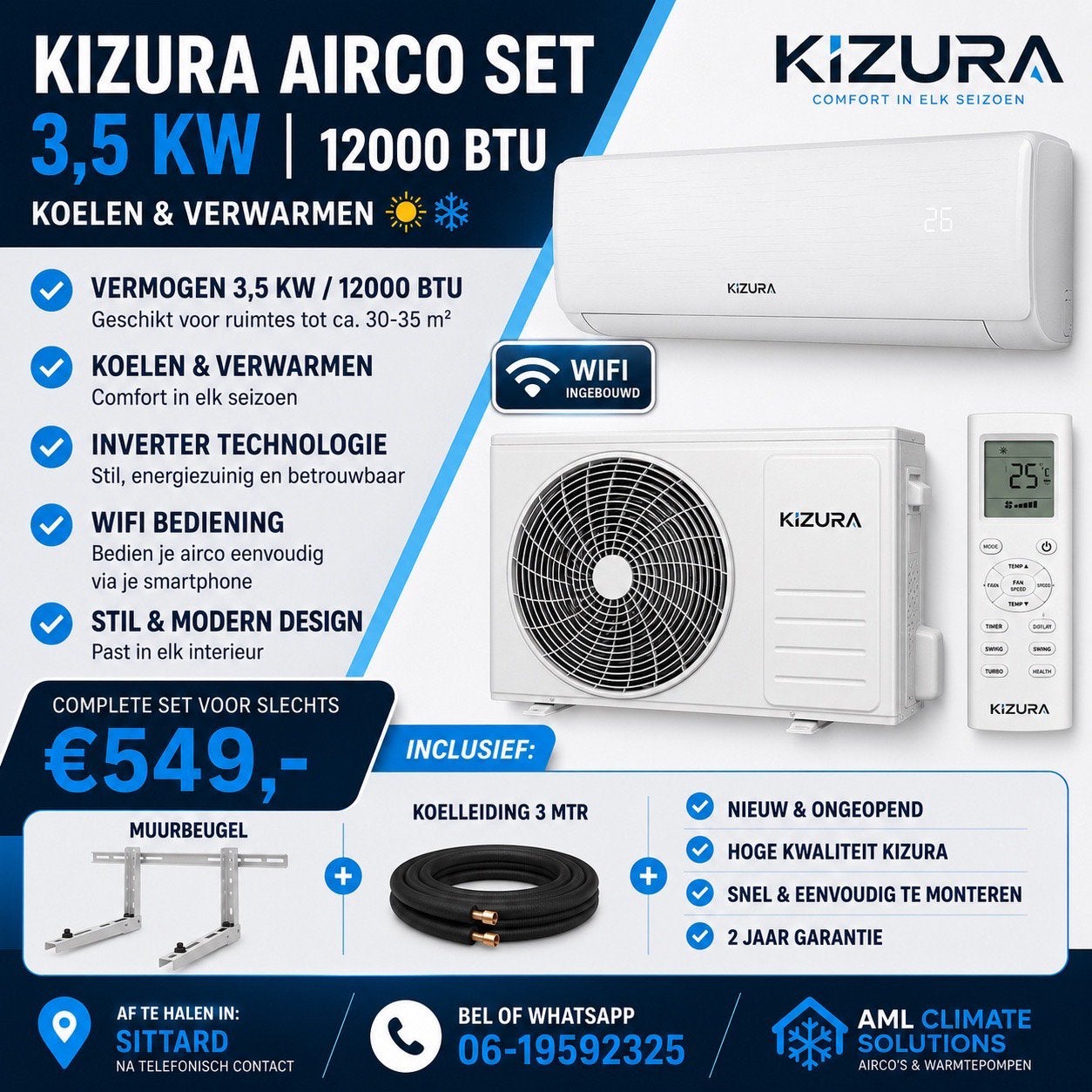 Kizura Prestige Airco 3,5 Kw 12000Btu met leiding en beugel, Ophalen, Koelen en Ontvochtigen, Timer, Nieuw