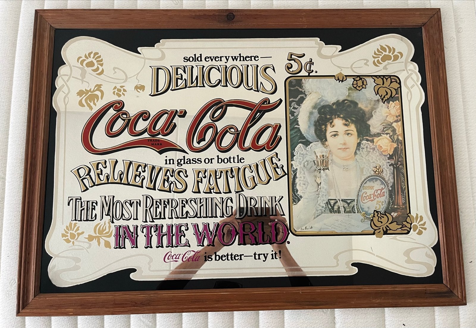 Vintage Coca-Cola spiegel 88x63cm - 'Delicious, Relieves Fat, Ophalen, Gebruikt, 75 tot 100 cm, Minder dan 100 cm