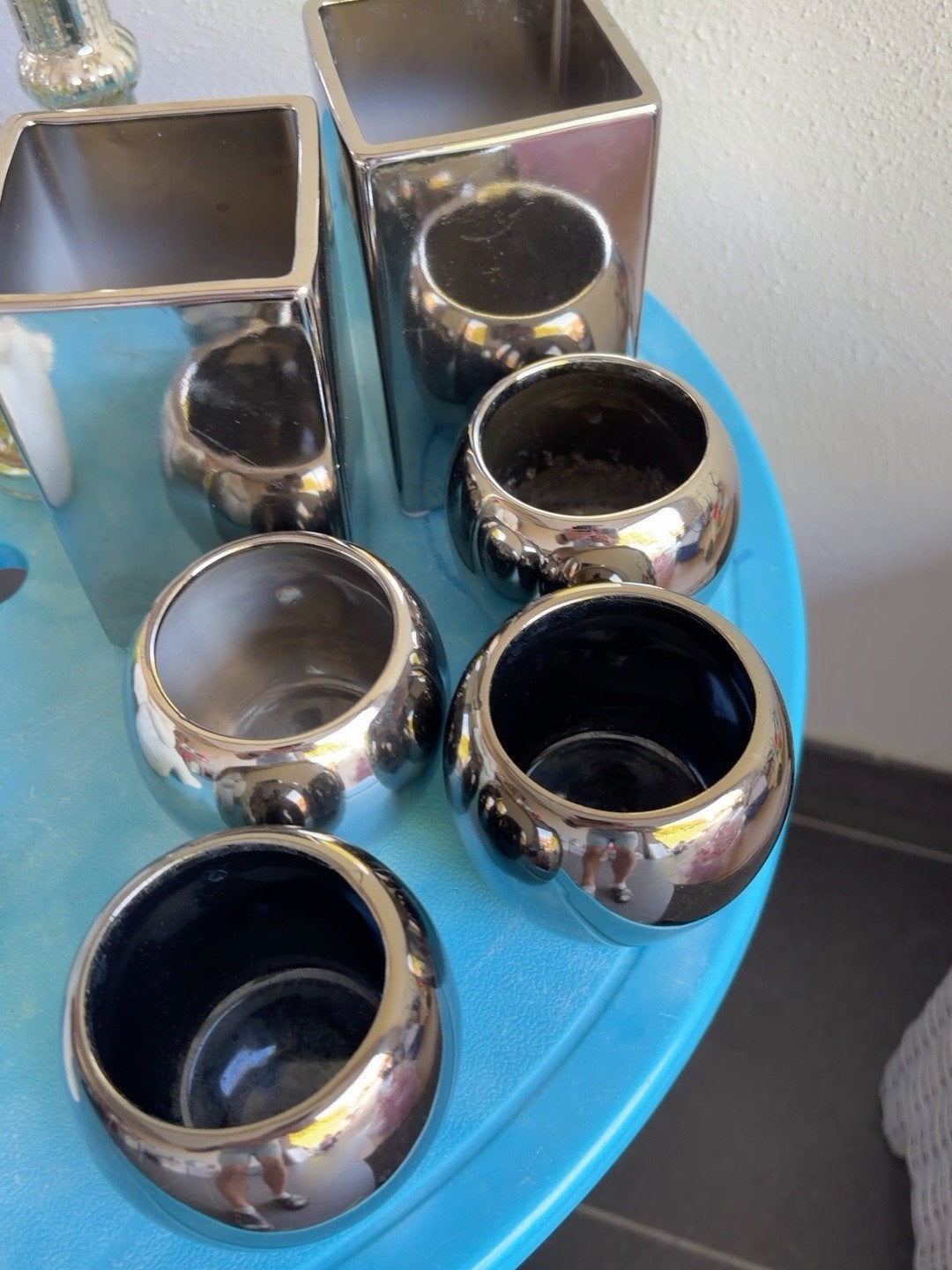 Mooie set van 6 zilverkleurige decoratieve vazen/bloempotjes, Ophalen, Zo goed als nieuw