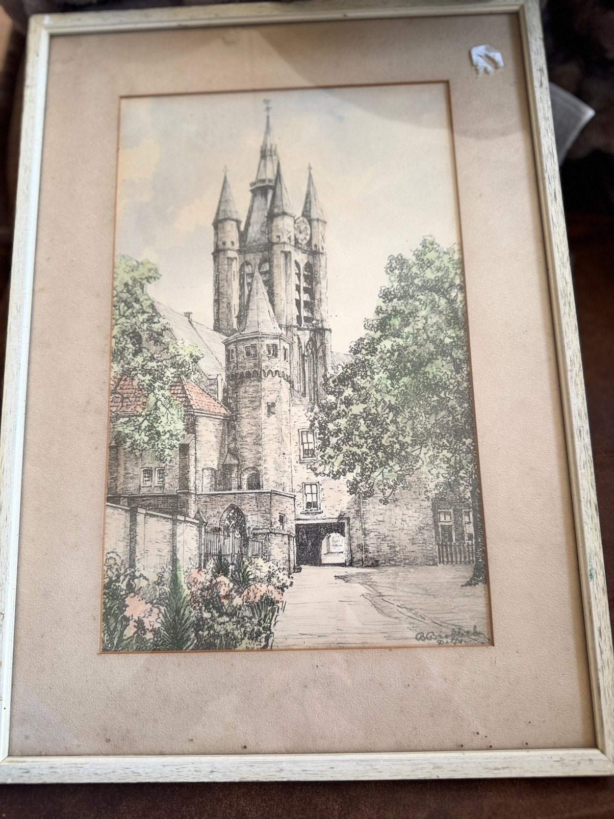 Sfeervolle ingekleurde litho Delft (Oostpoort) – Bob Brobbel, Antiek en Kunst, Ophalen of Verzenden