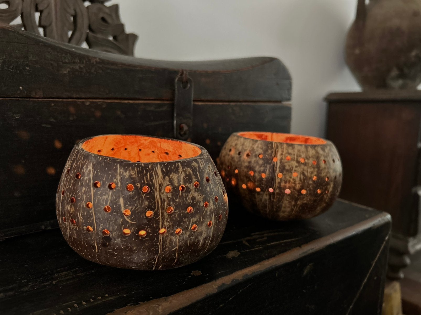Set kokosnoot waxinelichtjes houder bohemian, Ophalen of Verzenden