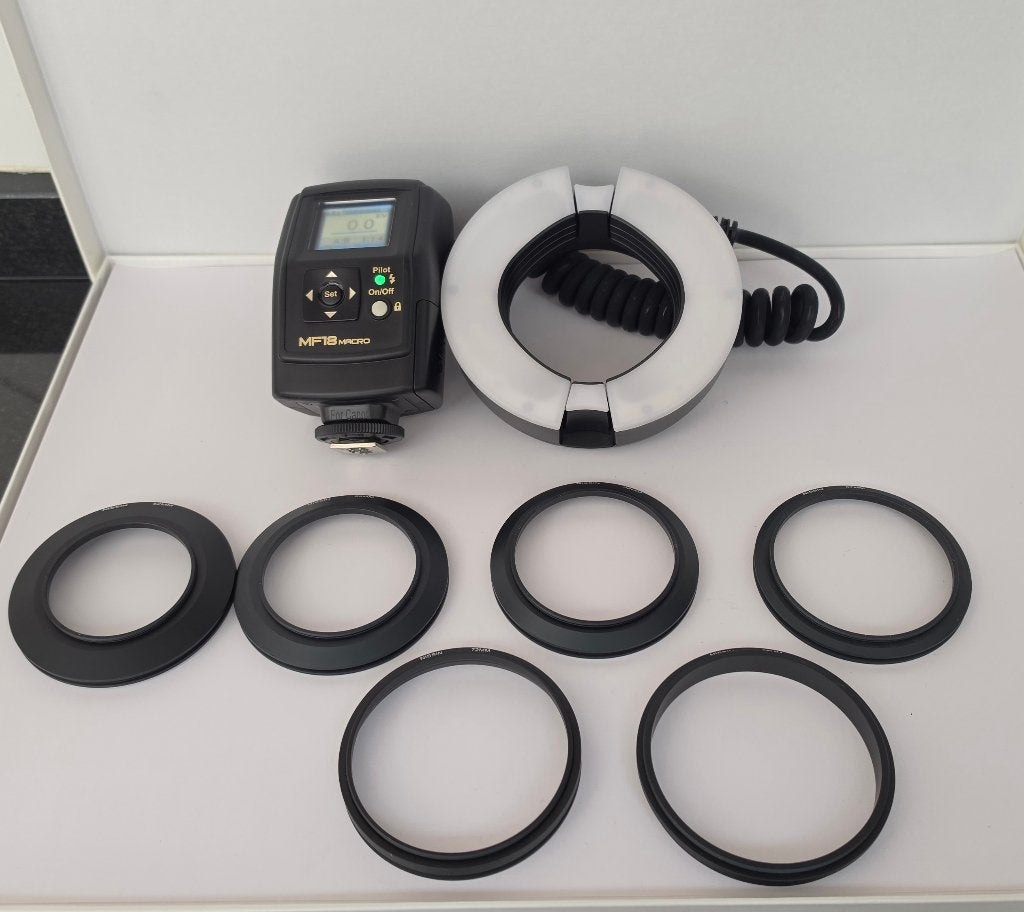 Nissin MF18 Ringflitser met Canon adapterringen, Canon, Draaibaar, Canon, Ophalen of Verzenden
