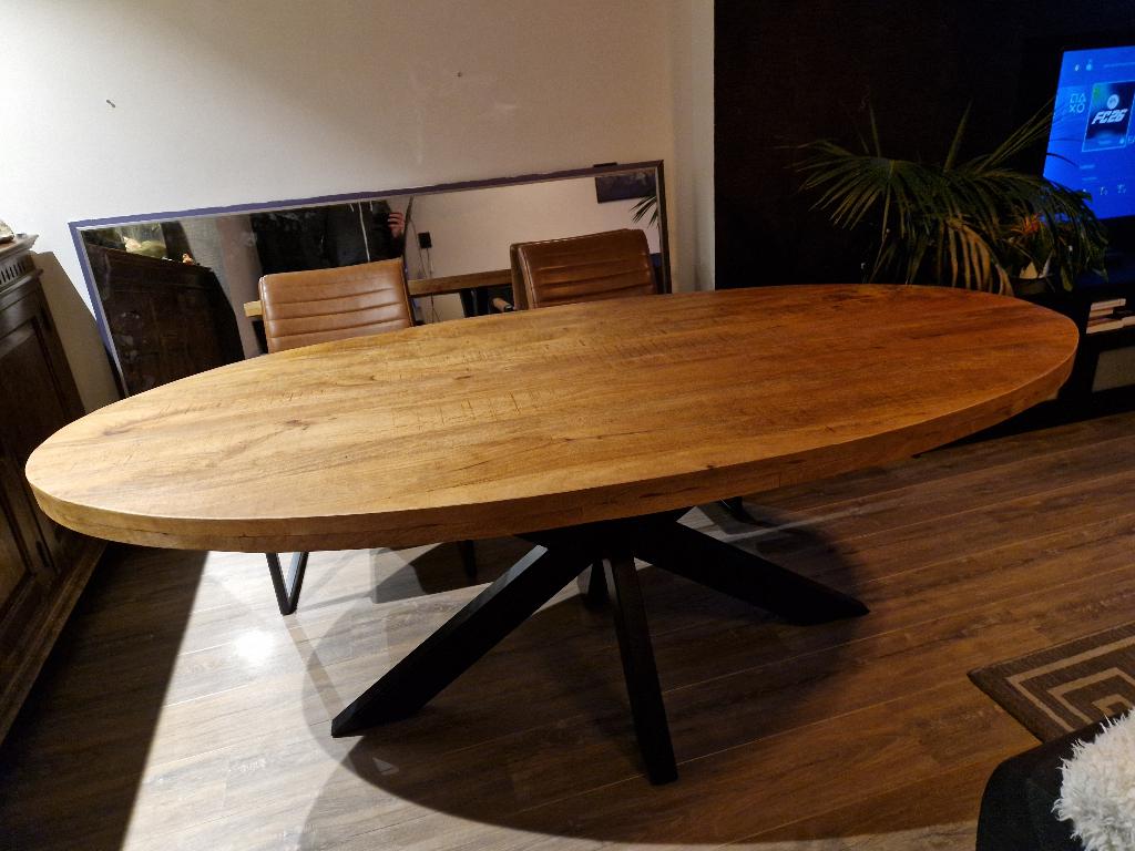 Mango houten eettafel met metalen kruisvoet, Ophalen, 200 cm of meer, 50 tot 100 cm, Zo goed als nieuw