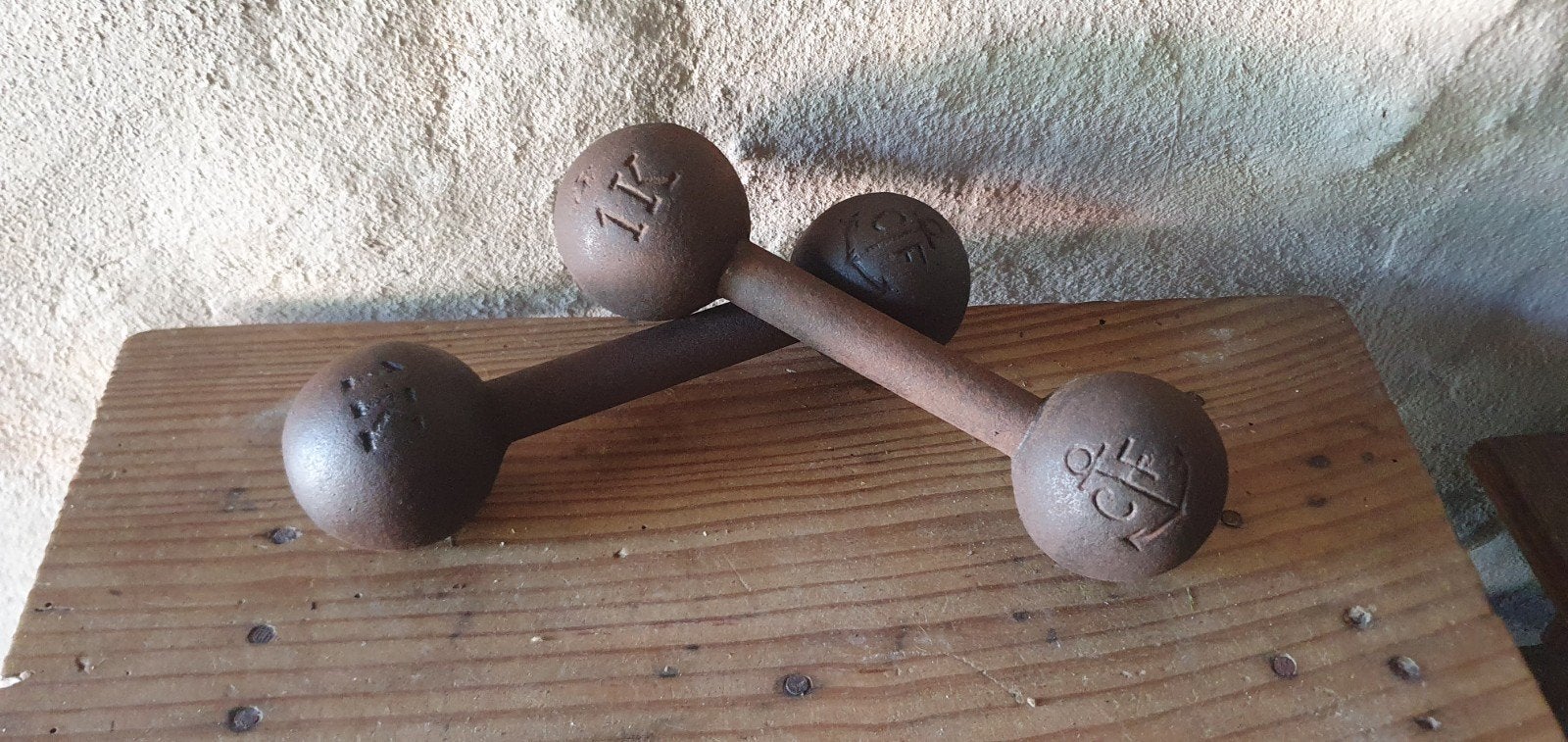 set antieke ijzeren halters dumbbells gewichten uit frankrij, Ophalen of Verzenden, Gebruikt