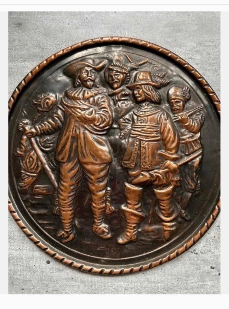 Brocante Metalen bord - “gedeelte van De Nachtwacht” 21,5 cm, Ophalen of Verzenden