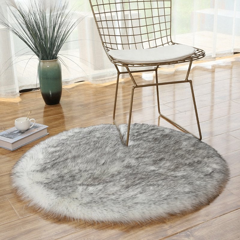 Pluche Grijs Wit Imitatie Bont Rond Hoogpolig Vloerkleed, 100 tot 150 cm, Verzenden, Rond, Nieuw