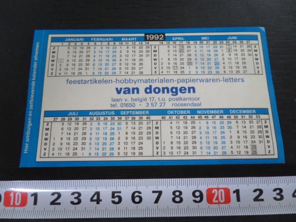 sticker Kalender 1992 Roosendaal VAN DONGEN Feestartikelen, Ophalen, Zo goed als nieuw