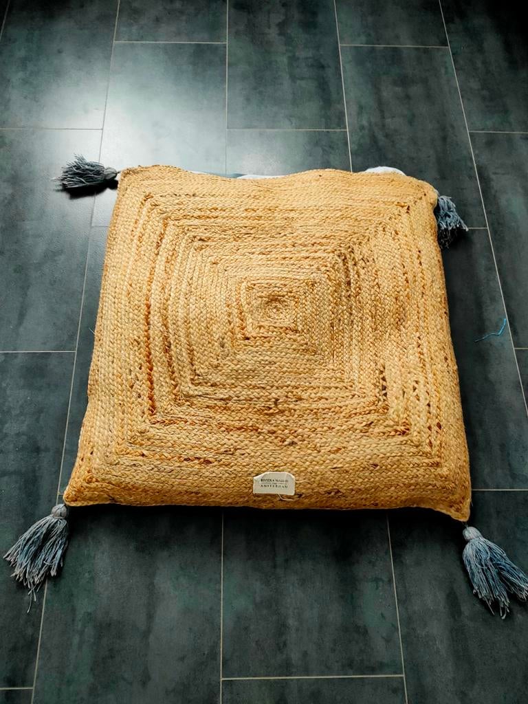 Jute kussen met kwastjes - Handgemaakt rivièra maison, Ophalen of Verzenden, Zo goed als nieuw, Beige, Vierkant