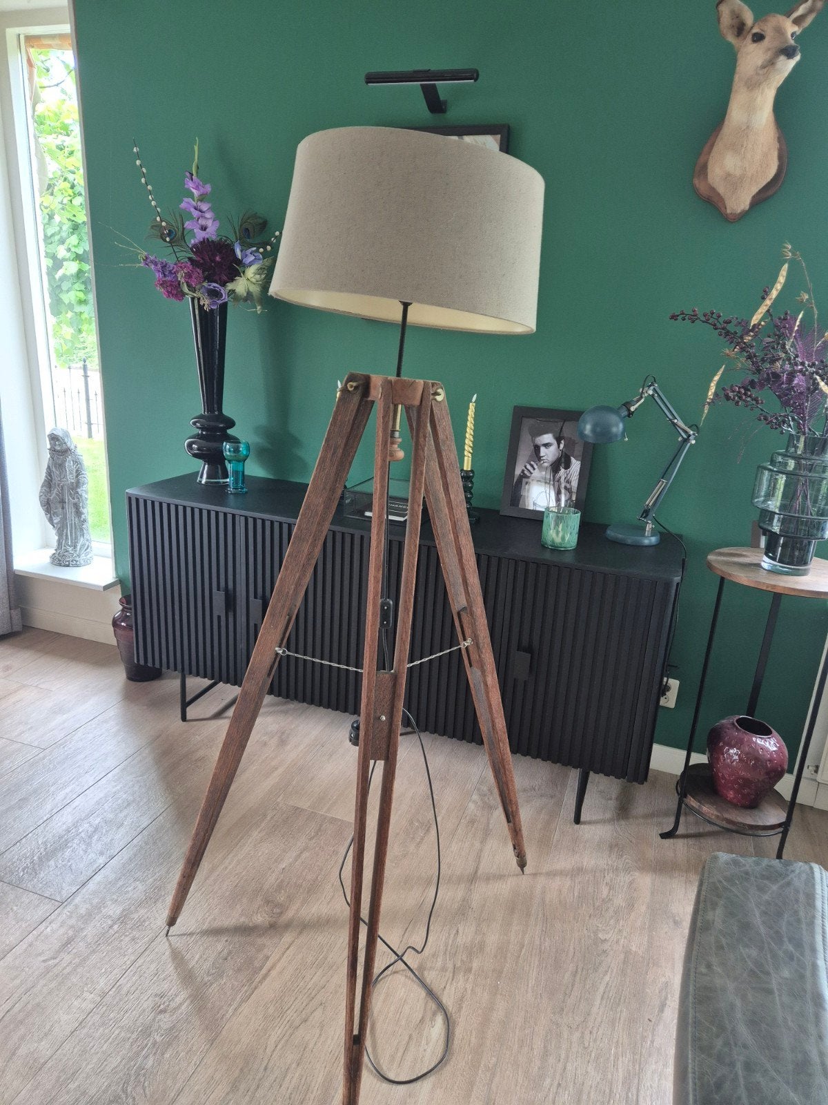Staande lamp op oud landmeters statief, Ophalen, Gebruikt, Industrieel, Vintage, Landelijk, Stof
