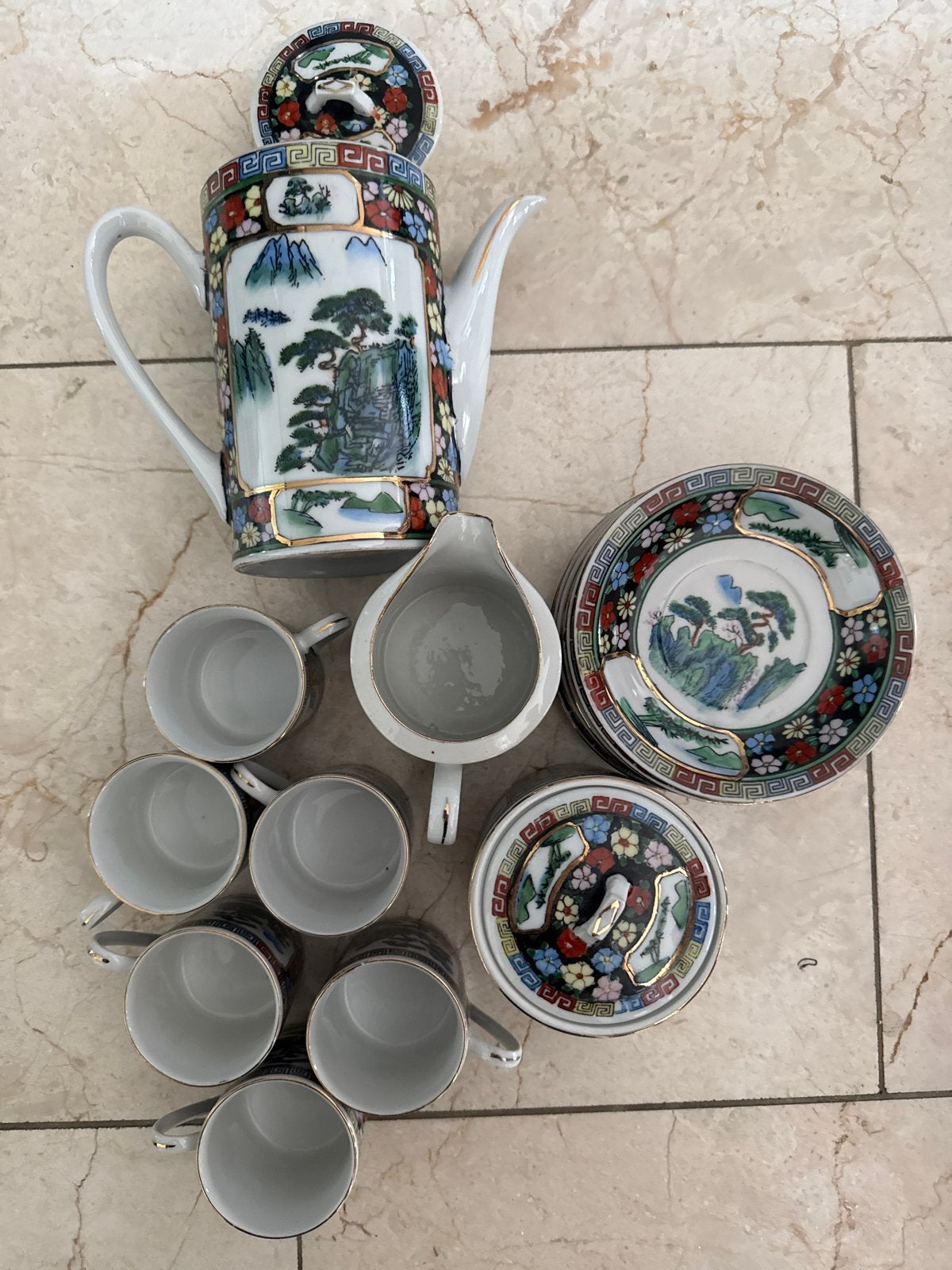 Vintage Chinees porseleinen theeservies, handgeschilderd, Antiek en Kunst, Ophalen of Verzenden