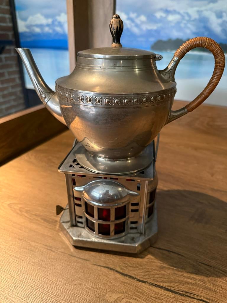 Antieke tinnen theepot met rechaud, Antiek en Kunst, Antiek | Tin, Ophalen of Verzenden
