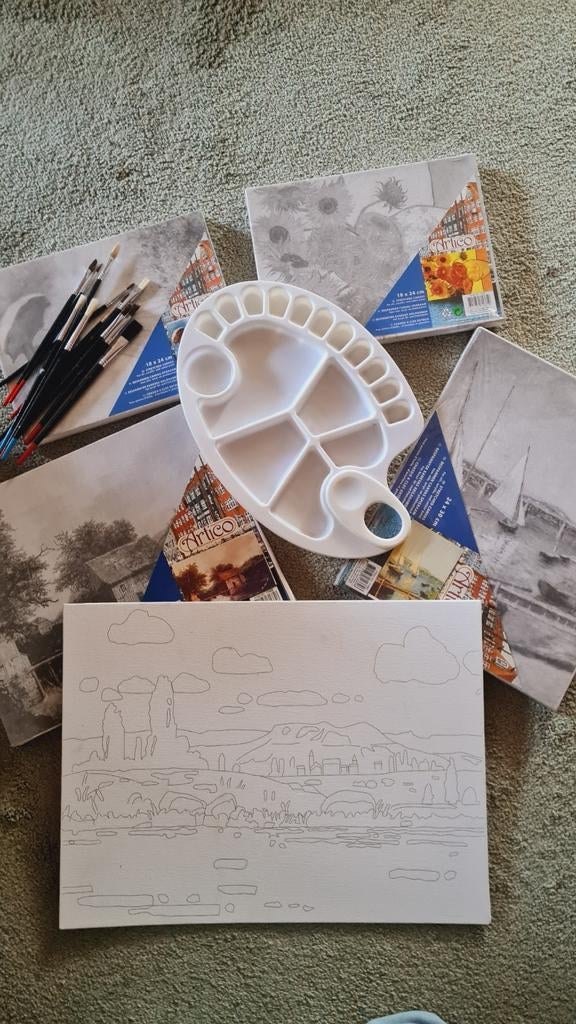 Nieuwe schilderset: geprinte canvasdoeken, penselen & palet, Ophalen of Verzenden, Nieuw