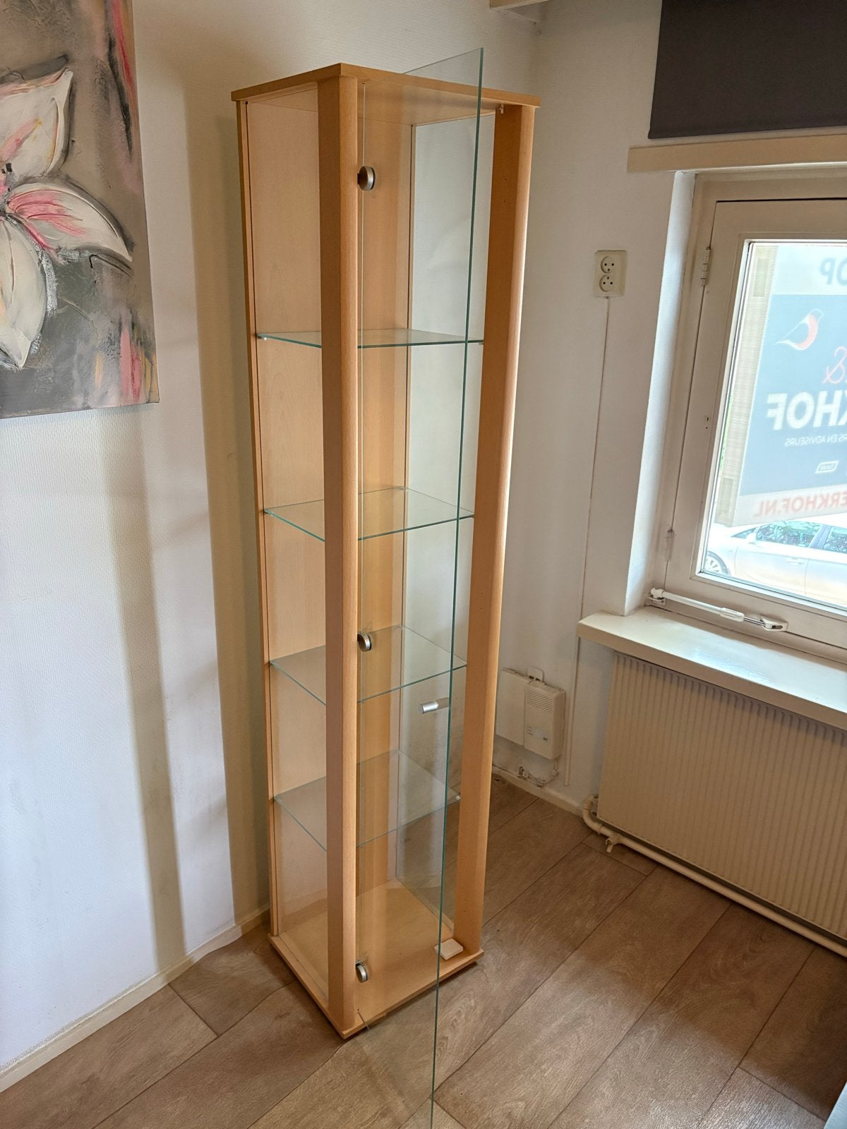 Glazen vitrinekast met houten frame, Ophalen, Minder dan 50 cm, Gebruikt, 150 tot 200 cm