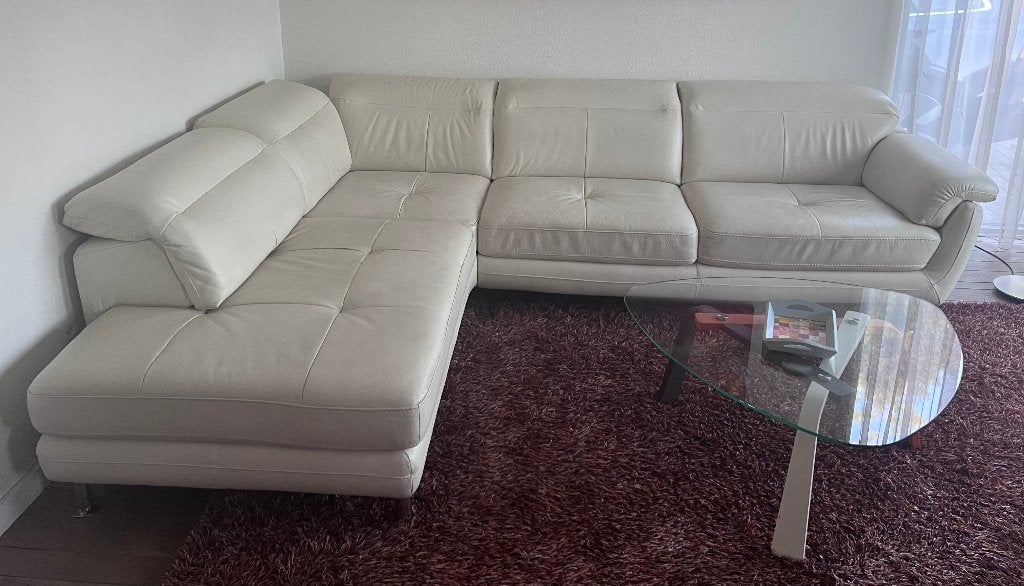 hoekbank leer creme Movani 220x280, Huis en Inrichting, Banken | Bankstellen, Ophalen, 250 tot 300 cm, Gebruikt, Hoekbank