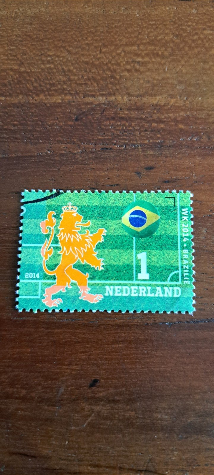 Zegel Oranje Voetbal WK 2014 .gestempeld., Ophalen of Verzenden