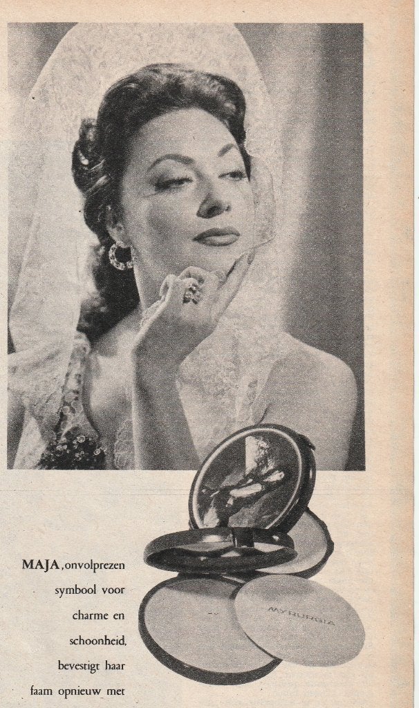 retro reclame 1962 Myrurgia Maja poedercreme onvolprezen, Verzenden, Overige typen