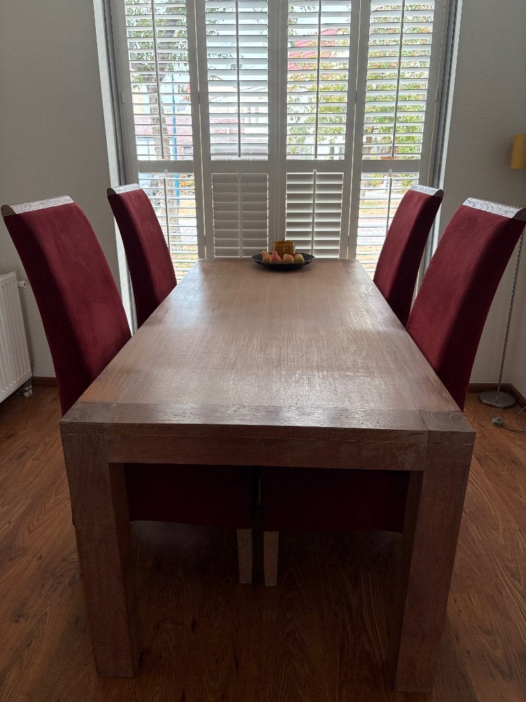 Licht eikenhouten eettafel met vier stoelen, Ophalen, Licht eiken whitewash, Eikenhout, 200 cm of meer