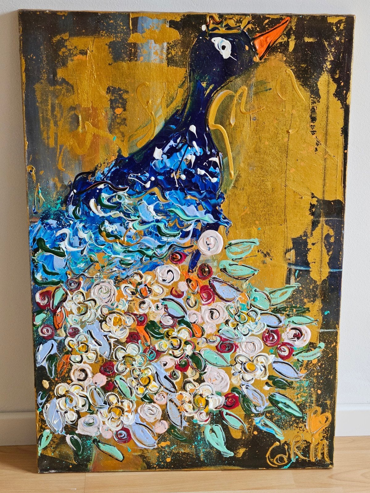 Schilderij Carin - Pauw - 60x90 cm - Uitstekende staat, Ophalen of Verzenden, Gesigneerd, Acrylverf, Dieren