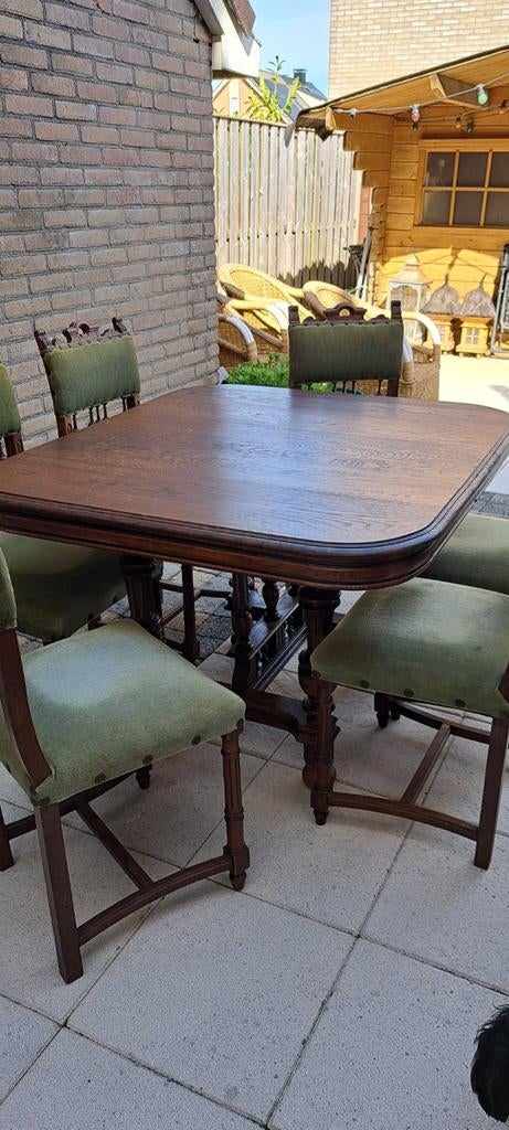 Antieke eethoek met 6 stoelen. Bieden!, Ophalen of Verzenden