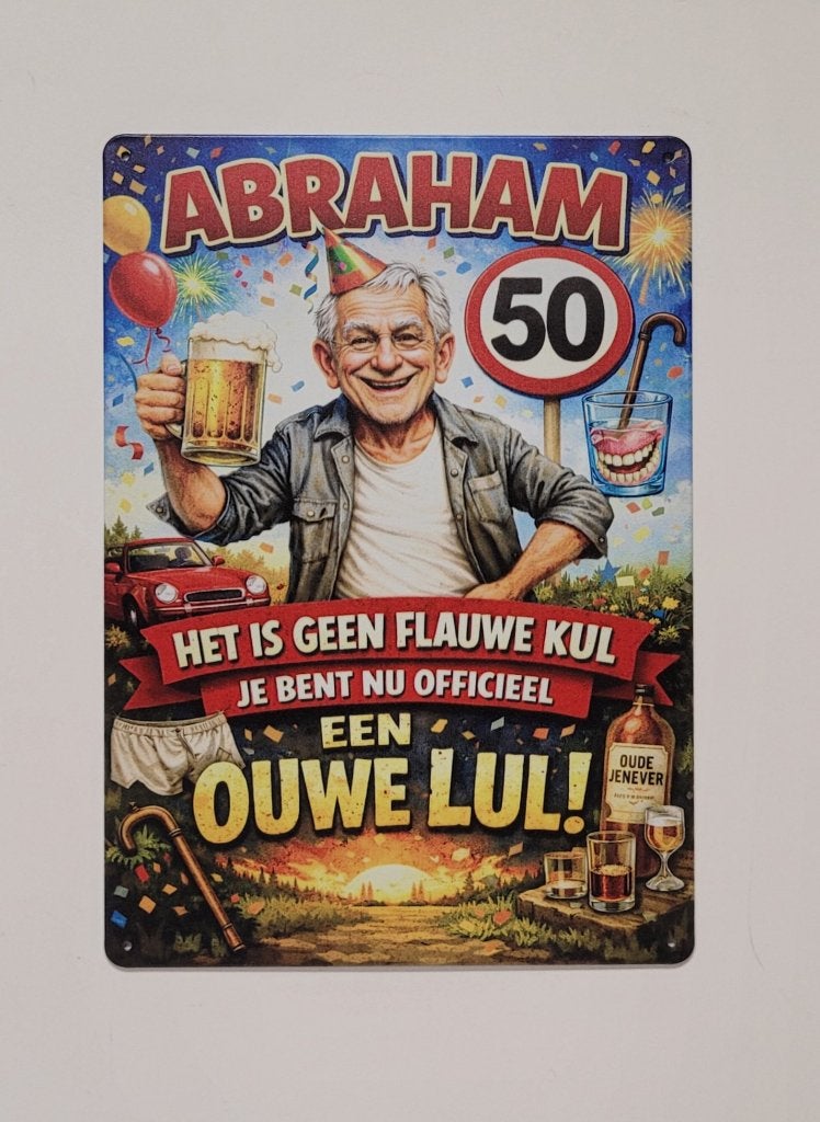 Abraham geen flauwe kul ouwe lul reclamebord van metaal deco, Info@deconoord.nl, Deco Noord, Nieuw, Ophalen of Verzenden