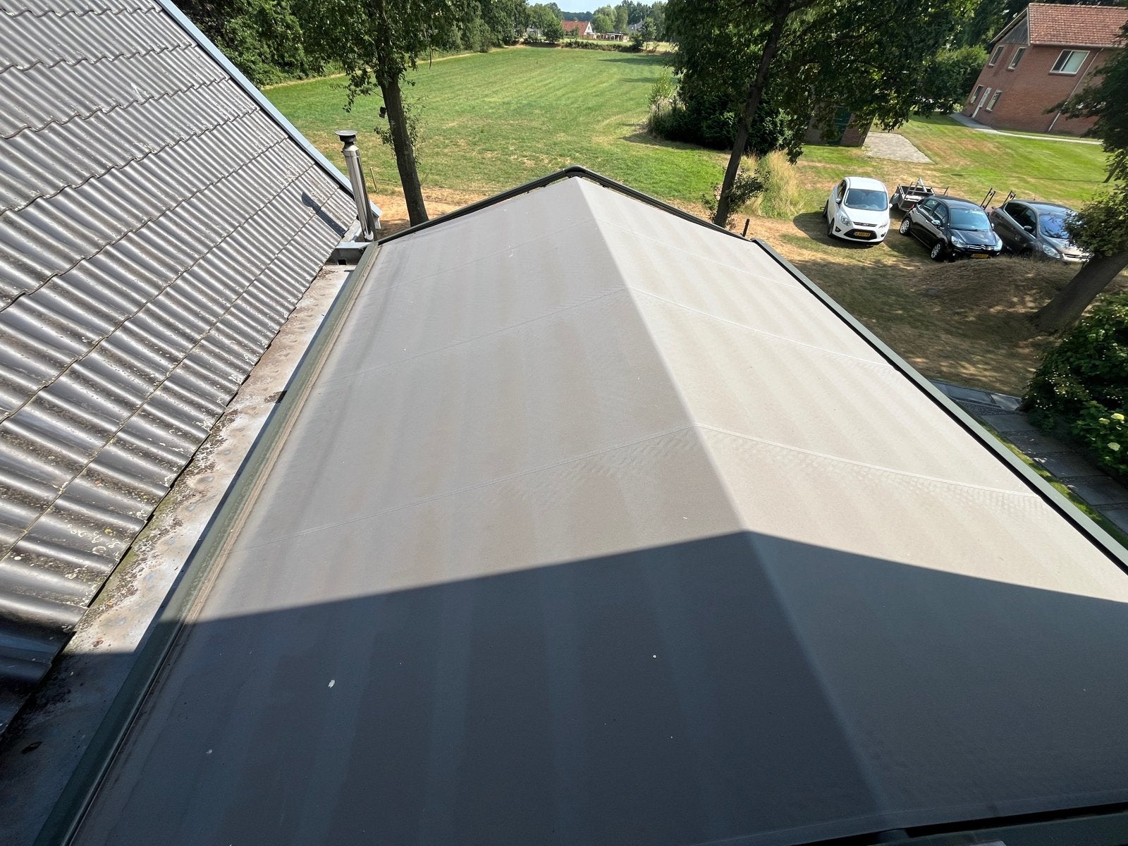 Zonnescherm voor serre met Somfy motor 4.70x4.40m, Ophalen, Gebruikt, Overige typen, 450 cm of meer