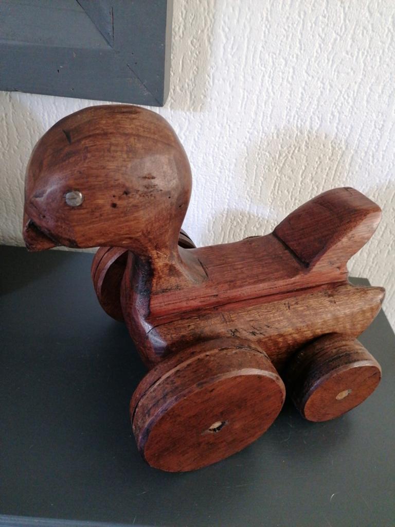 Grote vintage houten trek eend - Decoratief speelgoed, Ophalen, Gebruikt, Duw- of Trekspeelgoed