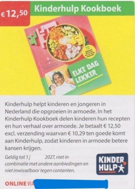 Kinderhulp Kookboek €12,50 voordeelbon, Tickets en Kaartjes, Eén persoon, Kortingsbon, Warenhuis- of Winkelbon