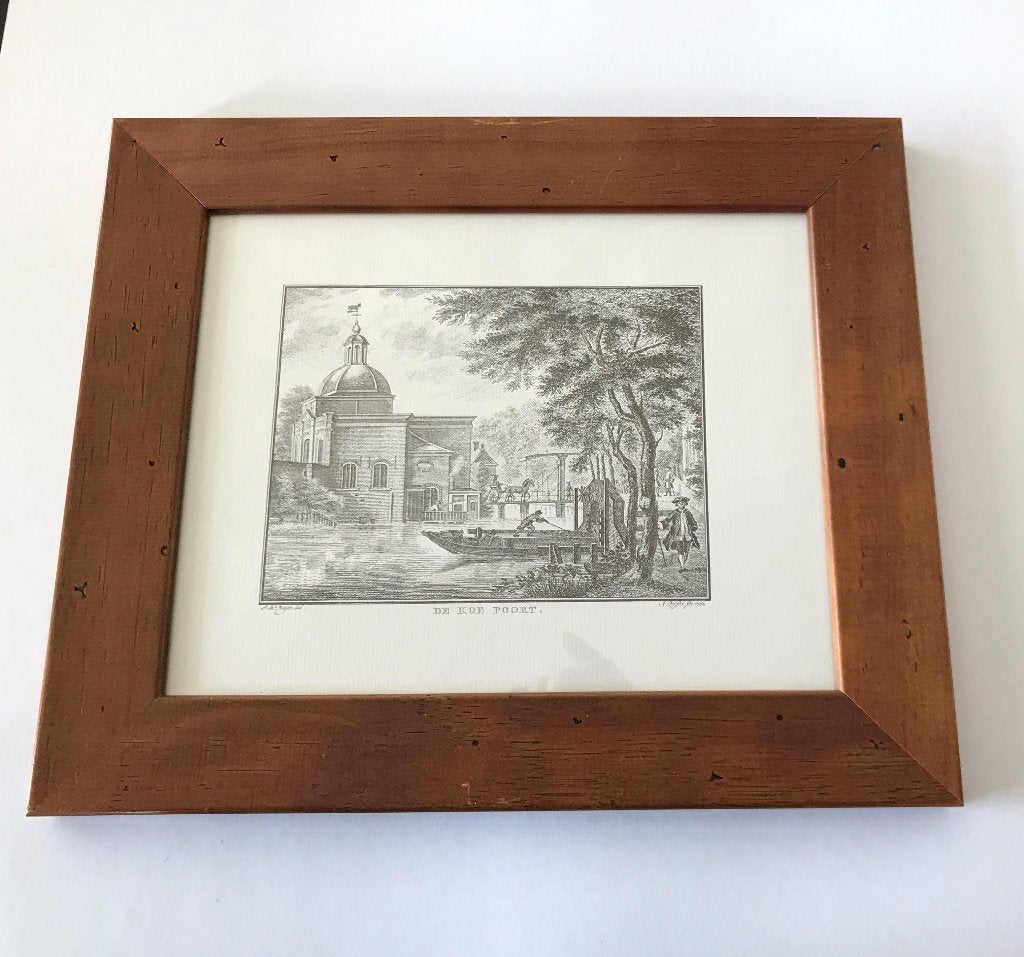 De Koepoort Leiden door A.Delfos 1762 ingelijst 33 X 28., Ophalen of Verzenden, Zo goed als nieuw, Minder dan 50 cm, Schilderij