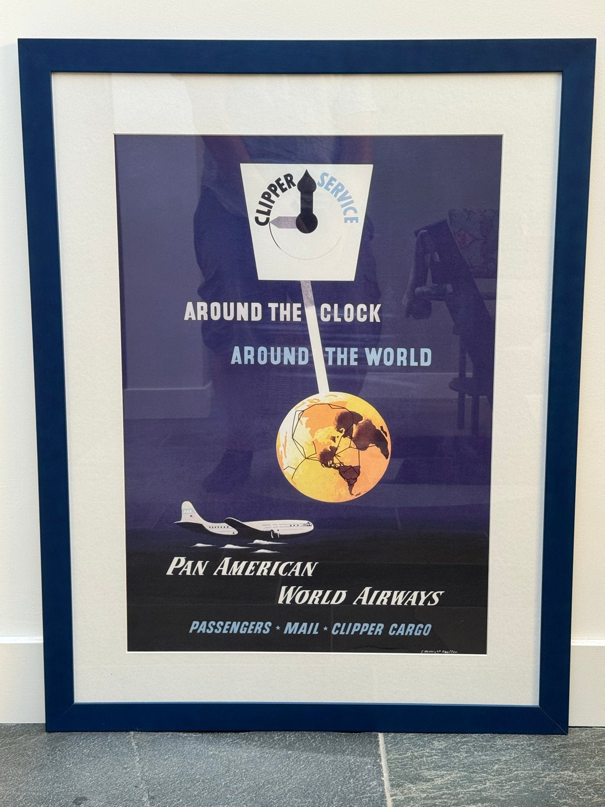 Vintage Pan American World Airways Clipper Service Poster, Ophalen, Rechthoekig Staand, Met lijst, Zo goed als nieuw