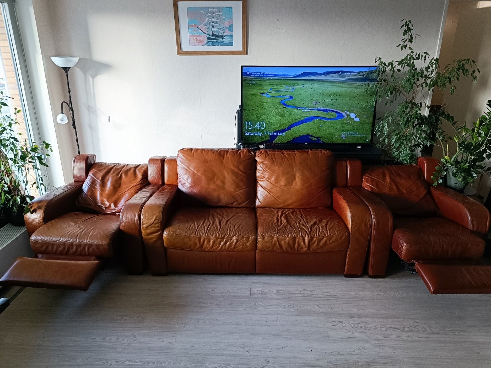 Natuzzi banken en stoelen van echt leer, Ophalen, Gebruikt, 300 cm of meer, Rechte bank